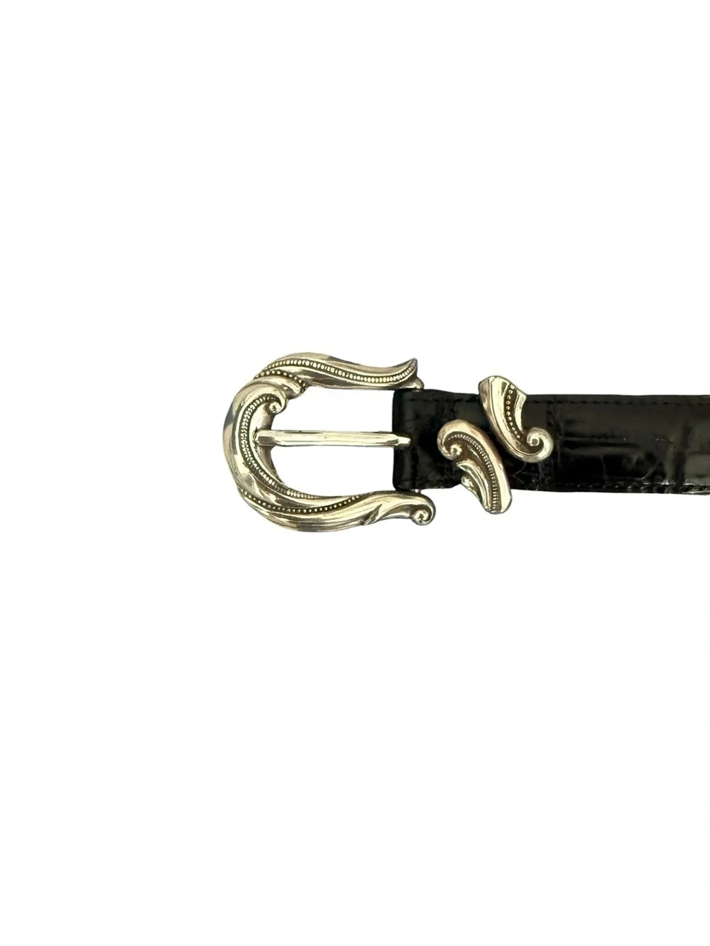 Vintage Coldwater Creek Croc Black Leather Belt with Decorative Silver Buckle S